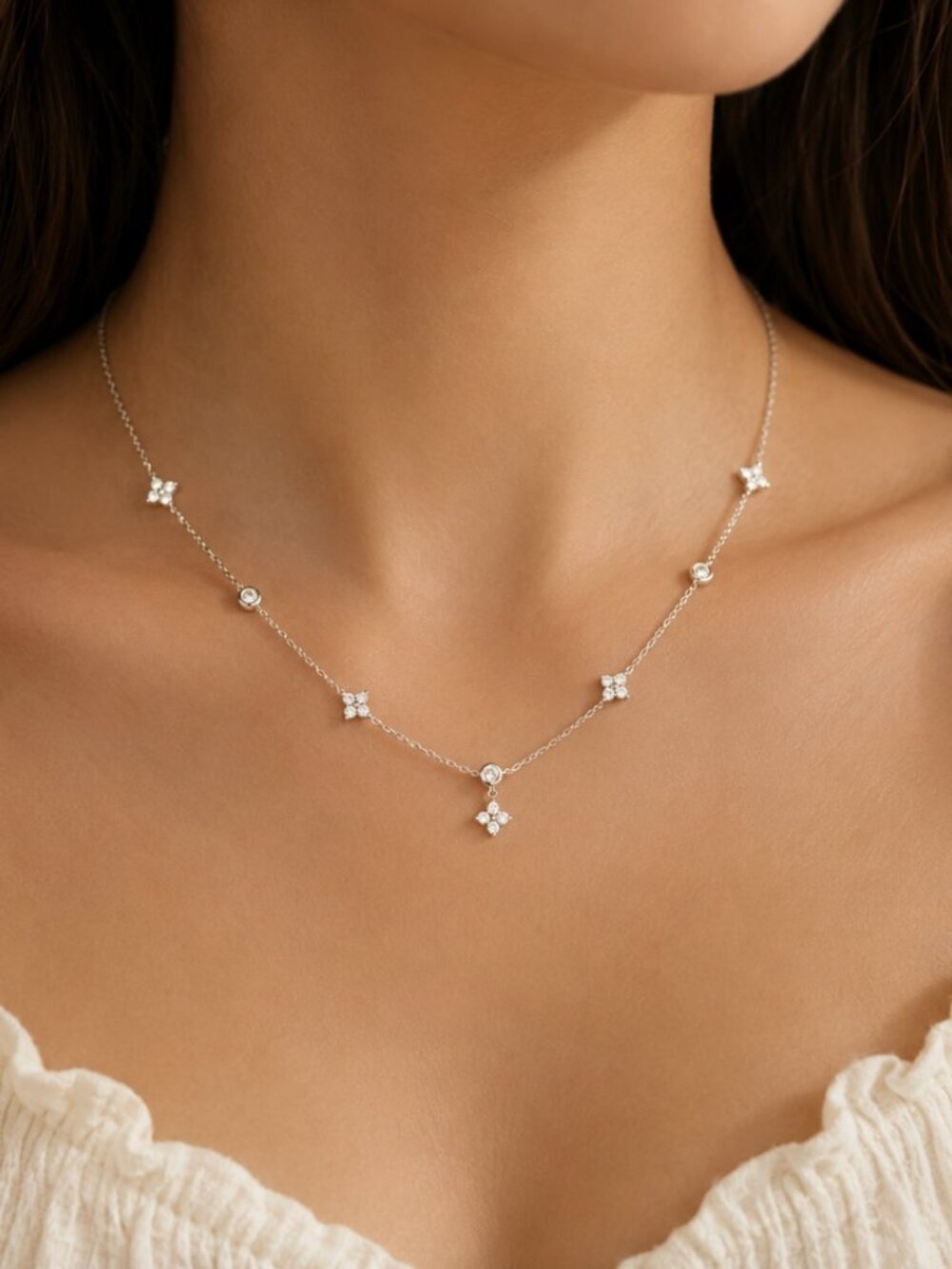925 Sterling Silver Dainty Flower Crystal Necklace Delicate Minimalist Necklace